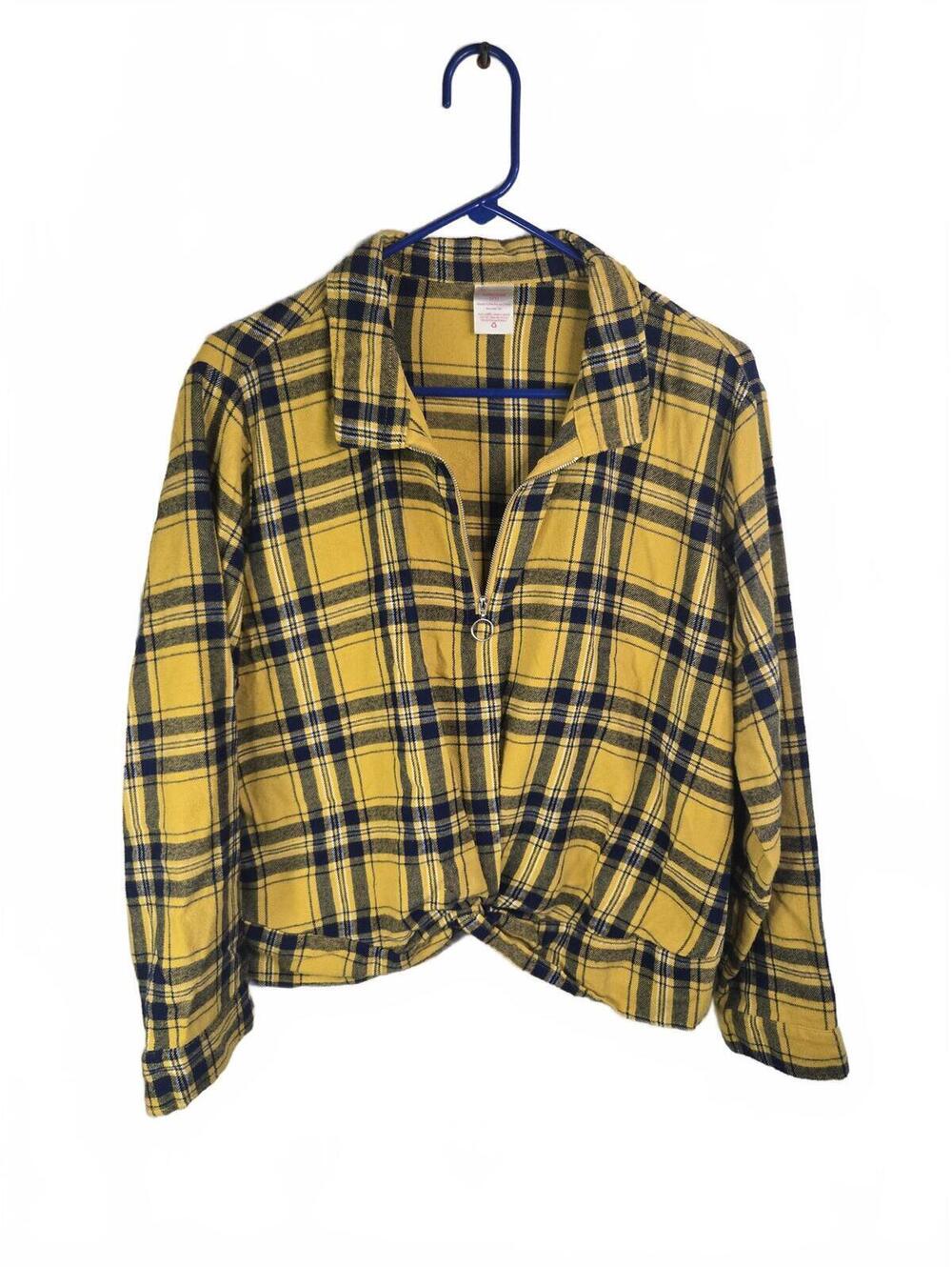 No Boundaries Yellow and Navy Plaid Zip-Up Shirt Jacket XXL
